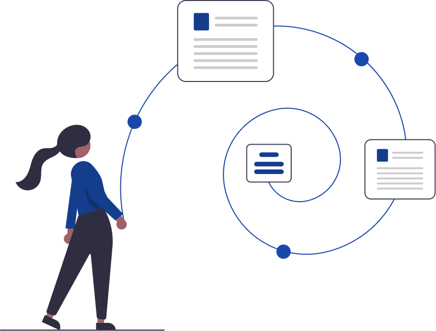 Password manager: Illustration of a person observing connected documents or data flow.