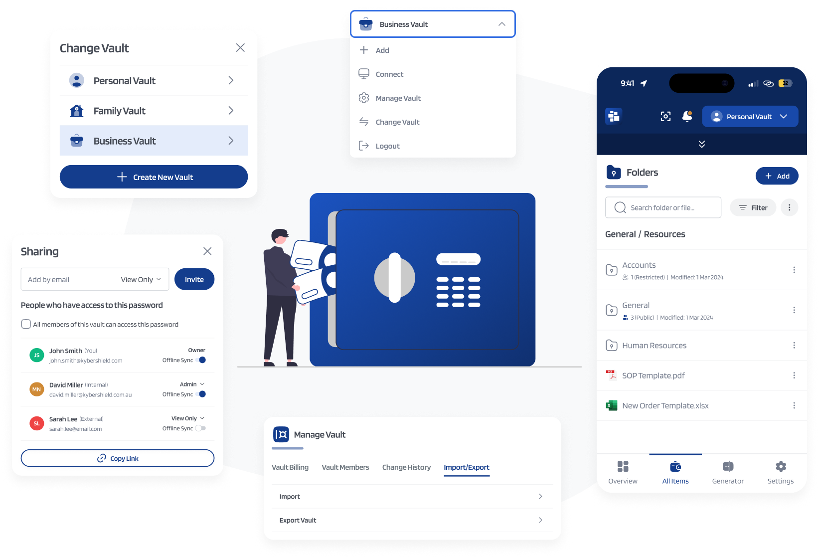 Digital vault interface with options for managing vaults and sharing files.