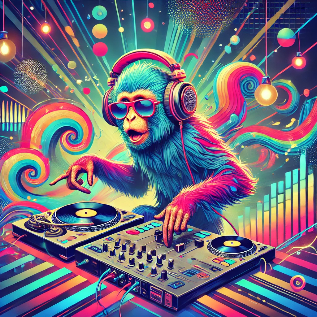 Colorful illustration of a monkey wearing headphones and sunglasses